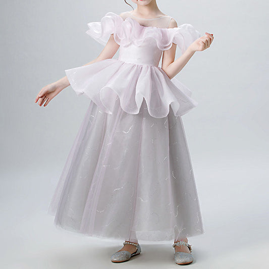 A-Line Illusion Sleeveless Tea Length Tiered Girls Dress - Special Occasion & Party Wear