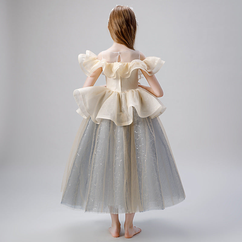A-Line Illusion Sleeveless Tea Length Tiered Girls Dress - Special Occasion & Party Wear