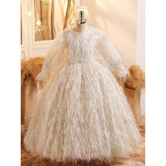 A-Line Long Sleeve Floor-Length Toddler Dress with Fringe for Special Occasions