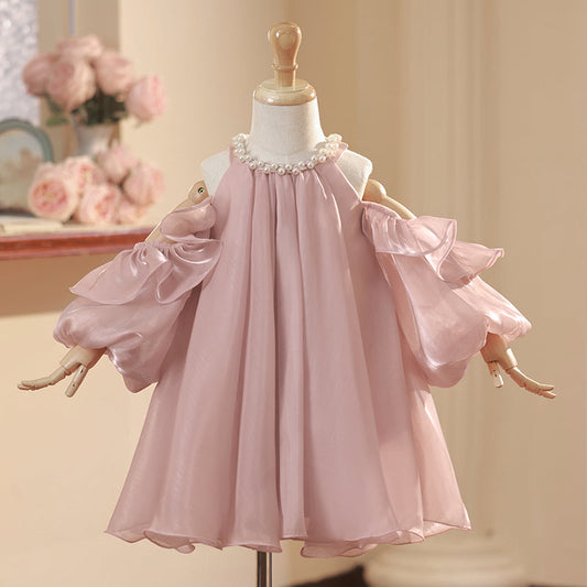 Pink A-Line Organza Beaded Flower Girl Dress – Kids Birthday & Special Occasion