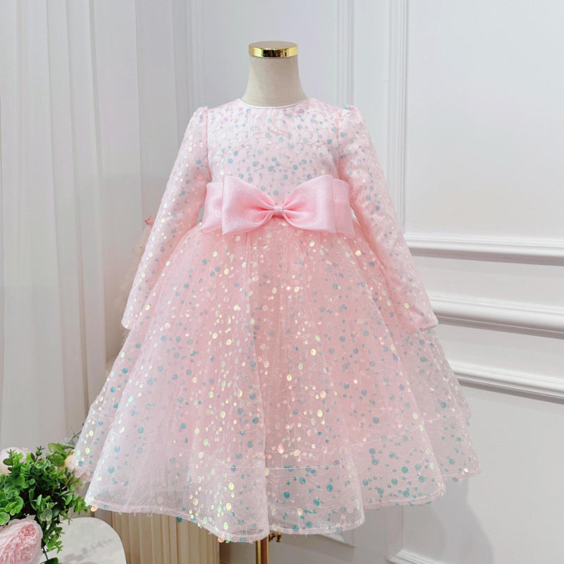 A-Line Pink Sequin Floor Length Long Sleeve Dress for Girls with Bow
