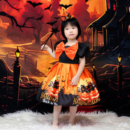 Orange Princess Halloween Costume Dress for Girls – Satin Bow Ruffle Party Outfit