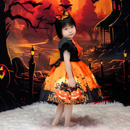 Orange Princess Halloween Costume Dress for Girls – Satin Bow Ruffle Party Outfit
