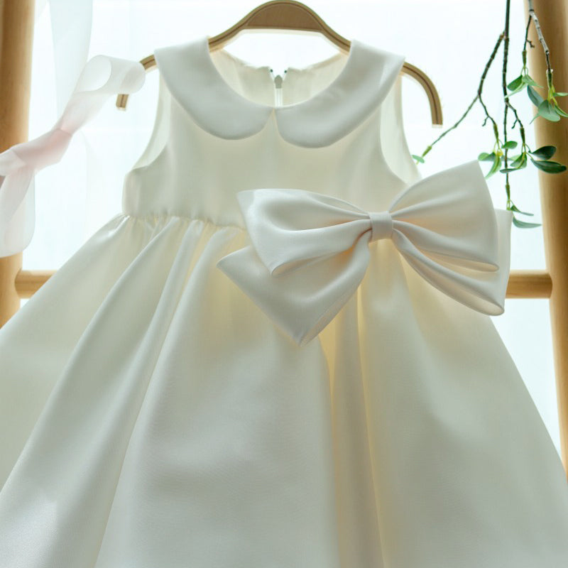 A-Line White Satin Flower Girl & Party Dress with Bow – Sleeveless, Collared for Kids