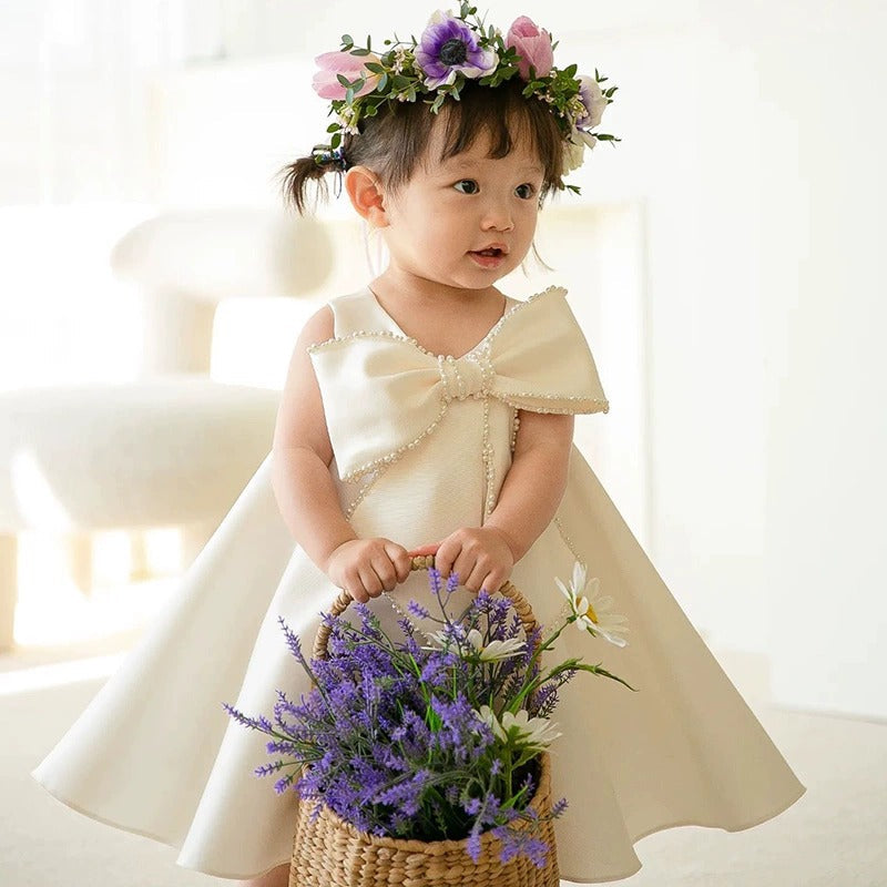 A-Line Satin Flower Girl Dress for Special Occasions – Beaded Bow, Knee Length, White