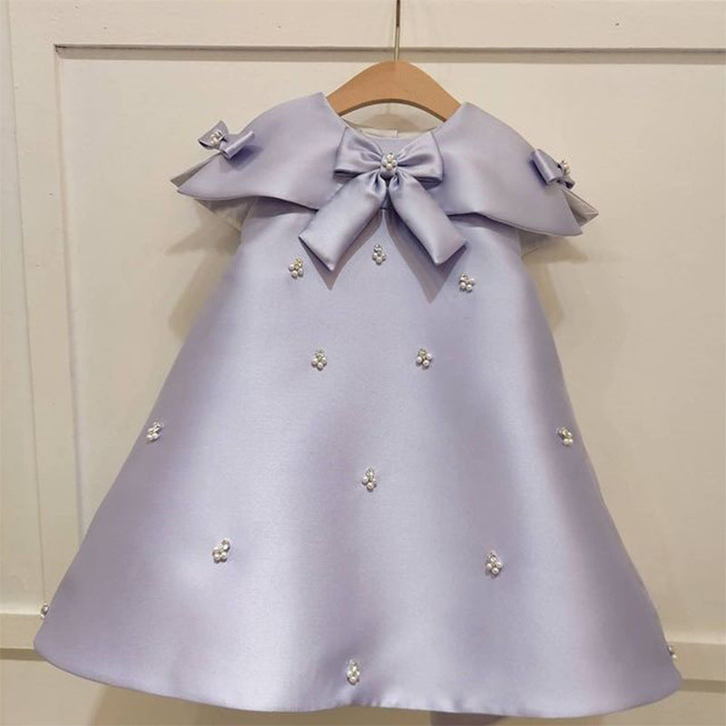 A-Line Satin Flower Girl Dress with Sequins & Pearl Bow for Birthday & Parties