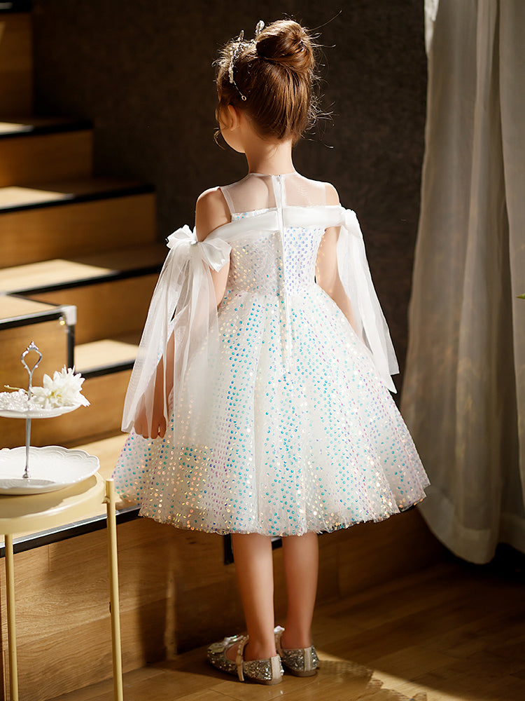 White Sequined A-Line Flower Girl Dress – Luxury Princess Birthday & Ceremony Dress for Girls