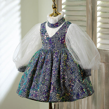 A-line Sequined Flower Girl Dress with Puff Sleeves