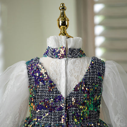 A-line Sequined Flower Girl Dress with Puff Sleeves