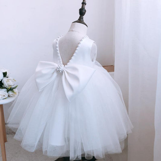 A-Line Sleeveless Satin Tulle Bow & Beaded Girl’s Party Dress | Formal Birthday & Ceremony Dress