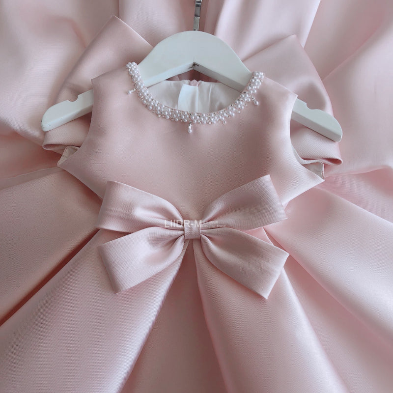 Pink Satin A-Line Flower Girl Dress – Beaded Bow Sleeveless Kids Party Gown
