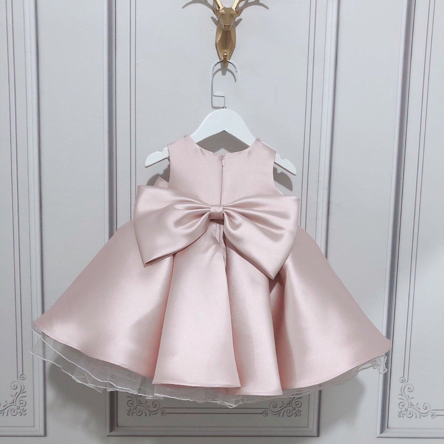 A-Line Pink Satin Flower Girl Dress with Bow | Sleeveless Cute Birthday Party Dress for Girls