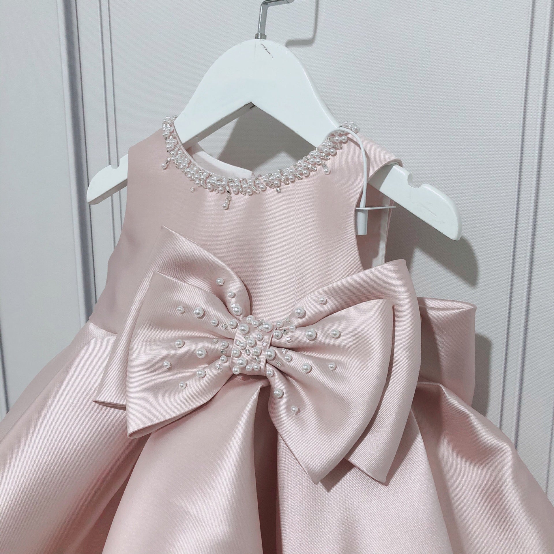 A-Line Pink Satin Flower Girl Dress with Bow | Sleeveless Cute Birthday Party Dress for Girls