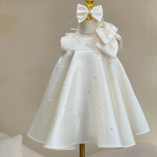 A-line Satin Tea-Length White Dress for Girls - Baptism, Party, Ceremony