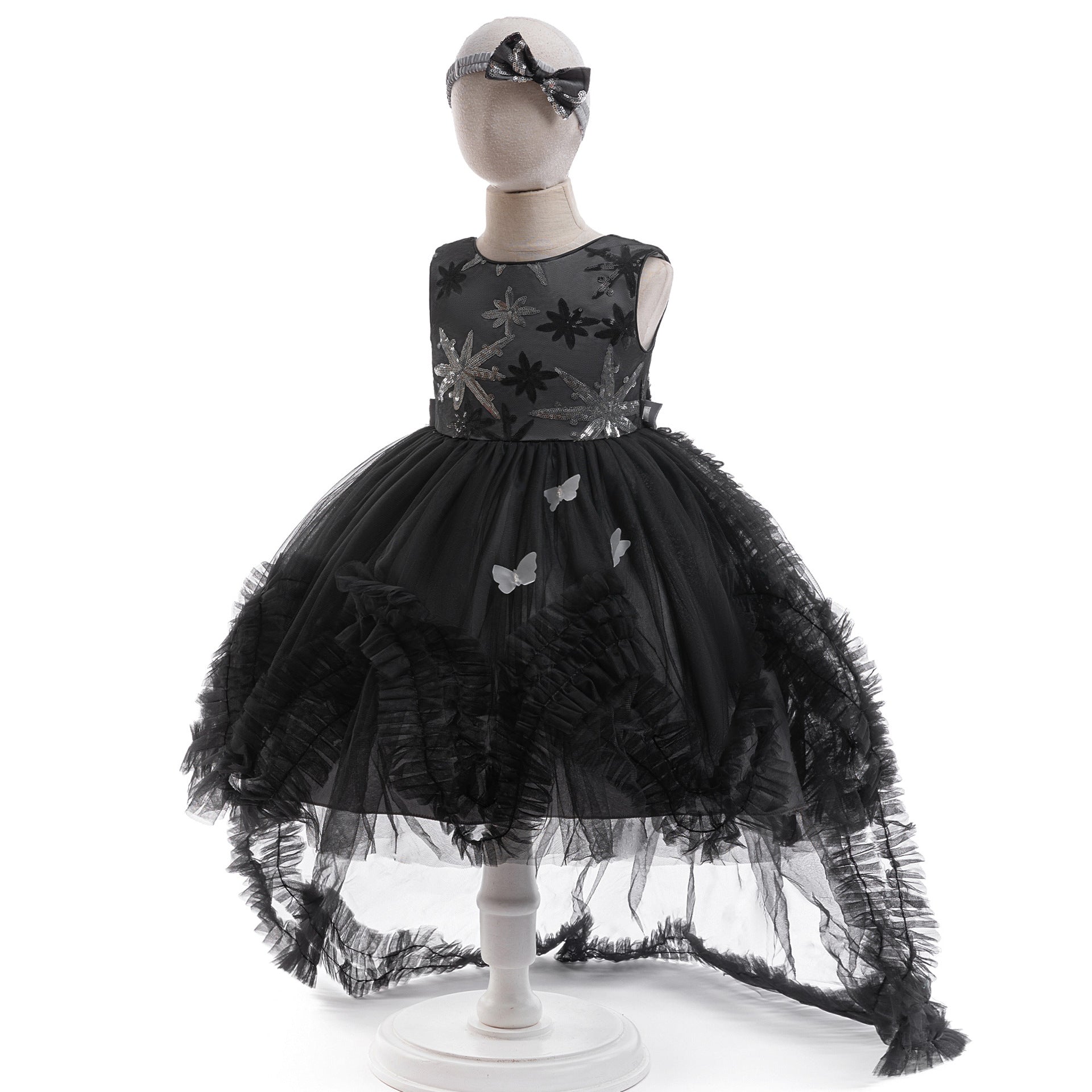 Black A-Line Tulle Girls' Dress – Embroidered & Sequin Tea Length Party Outfit
