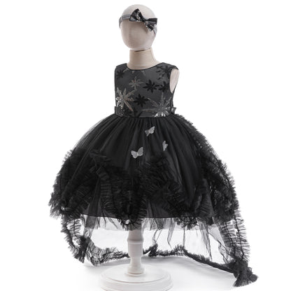 Black A-Line Tulle Girls' Dress – Embroidered & Sequin Tea Length Party Outfit