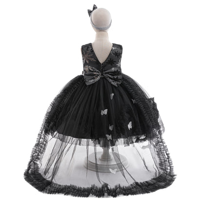 Black A-Line Tulle Girls' Dress – Embroidered & Sequin Tea Length Party Outfit