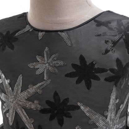 Black A-Line Tulle Girls' Dress – Embroidered & Sequin Tea Length Party Outfit