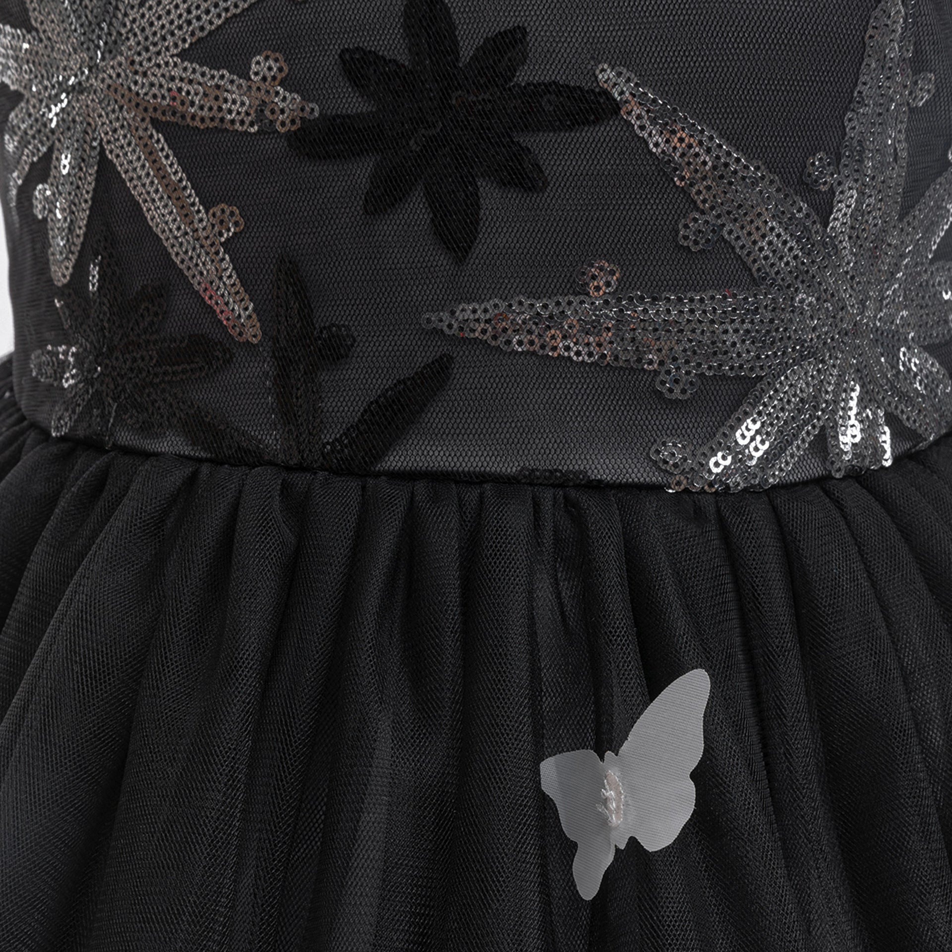 Black A-Line Tulle Girls' Dress – Embroidered & Sequin Tea Length Party Outfit