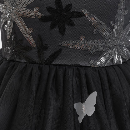 Black A-Line Tulle Girls' Dress – Embroidered & Sequin Tea Length Party Outfit