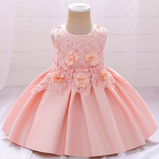 A-line Tea-Length Flower Girl Dress with Beaded Floral Lace