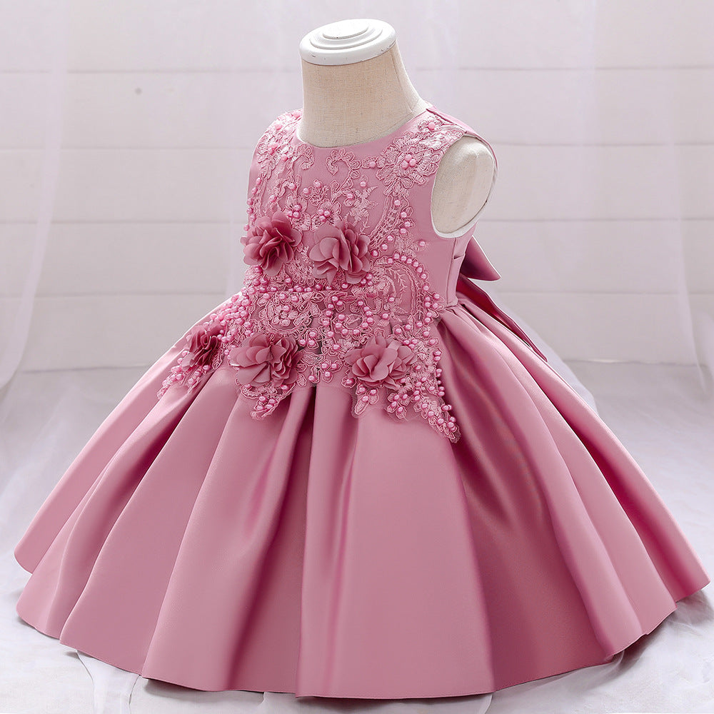 A-line Tea-Length Flower Girl Dress with Beaded Floral Lace