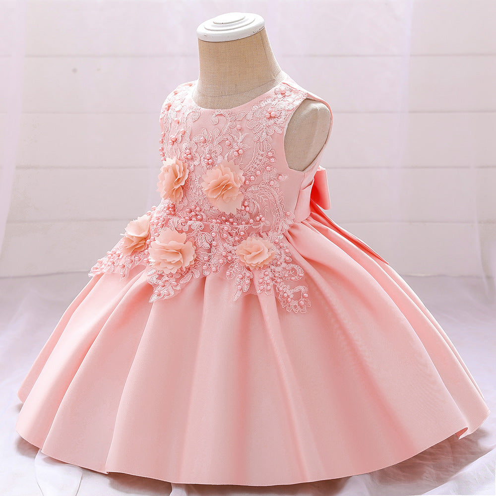 A-line Tea-Length Flower Girl Dress with Beaded Floral Lace