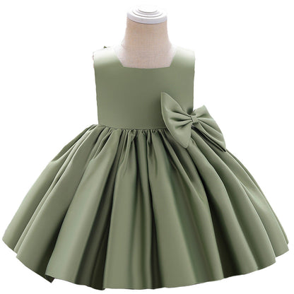 A-Line Tea-Length Satin Flower Girl Dress with Bow and Ruffles