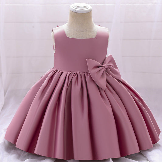 A-Line Tea-Length Satin Flower Girl Dress with Bow and Ruffles