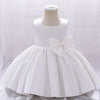 A-Line Tea-Length Satin Flower Girl Dress with Bow and Ruffles