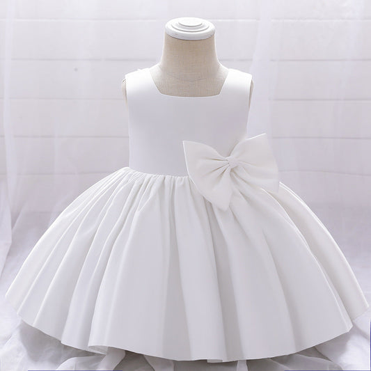 A-Line Tea-Length Satin Flower Girl Dress with Bow and Ruffles