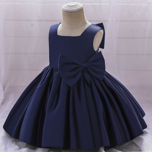 A-Line Tea-Length Satin Flower Girl Dress with Bow and Ruffles