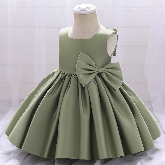 A-Line Tea-Length Satin Flower Girl Dress with Bow and Ruffles