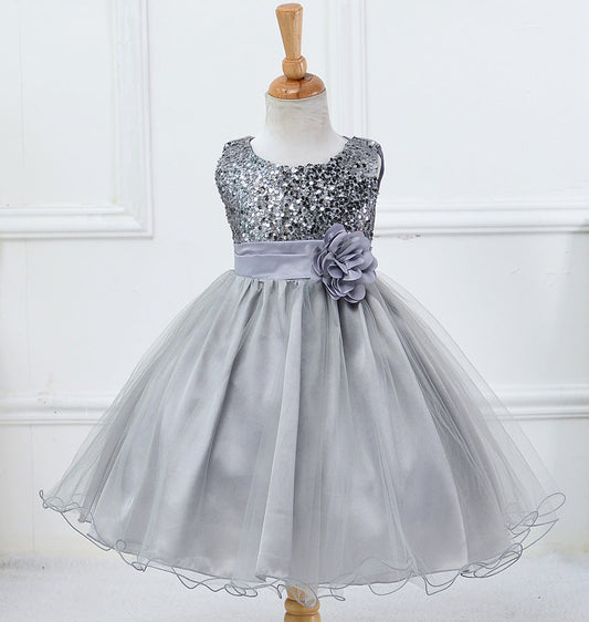 A-line Tea-Length Sequined Flower Girl Dress with Bows