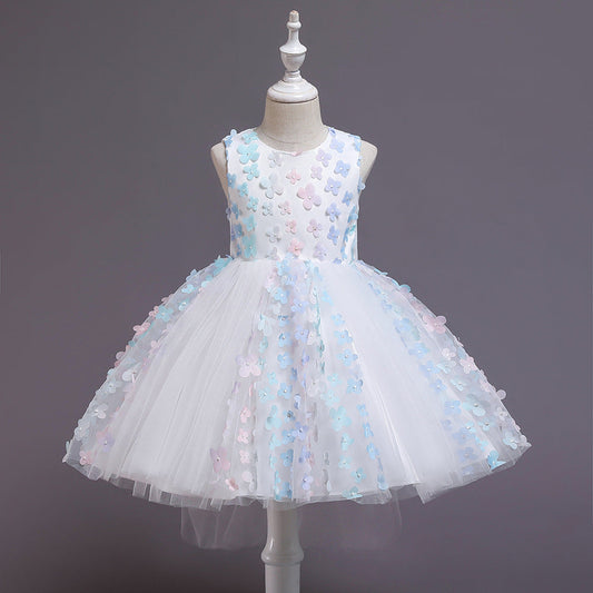 A-Line Tea-Length Tulle Flower Girl Dress with Flowers and Bow
