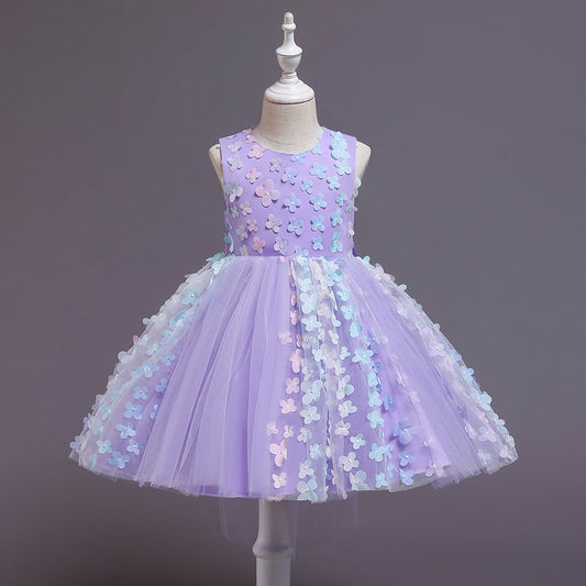 A-Line Tea-Length Tulle Flower Girl Dress with Flowers and Bow