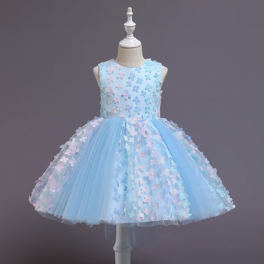 A-Line Tea-Length Tulle Flower Girl Dress with Flowers and Bow