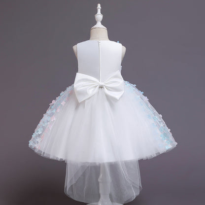A-Line Tea-Length Tulle Flower Girl Dress with Flowers and Bow