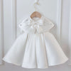 A-Line White Satin Dress with Bows and Sequins for Girls