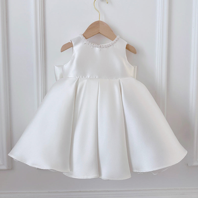 White Satin A-Line Dress for Girls - Special Occasion, Flower Girl, Party