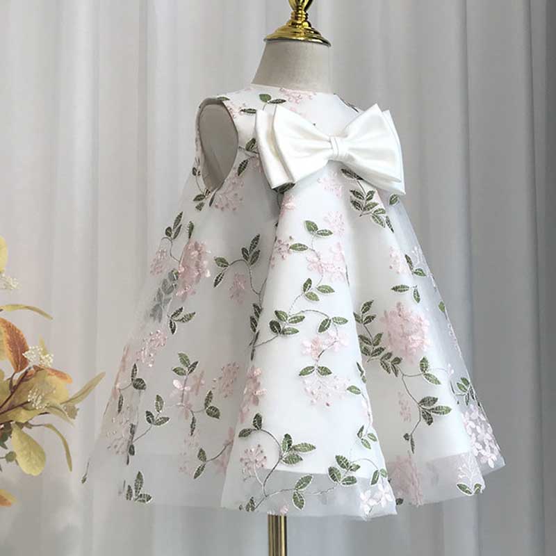 A-Line White Tulle Satin Flower Girl Dress with Embroidery and Tiered Bow Skirt
