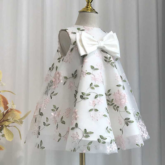 A-Line White Tulle Satin Flower Girl Dress with Embroidery and Tiered Bow Skirt
