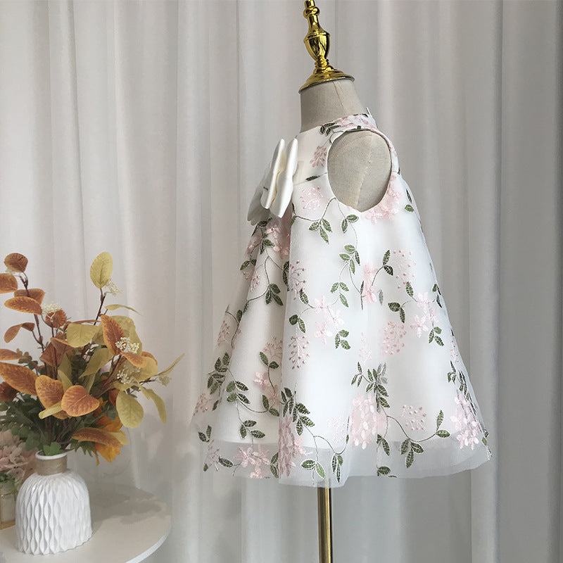 A-Line White Tulle Satin Flower Girl Dress with Embroidery and Tiered Bow Skirt