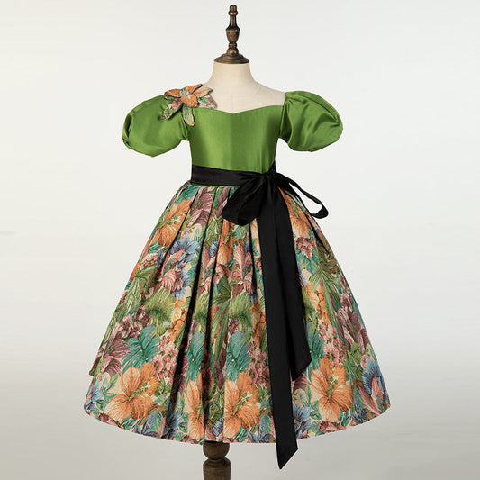 Avocado Green Princess Dress for Girls – Floral Print, Illusion Neckline & Satin