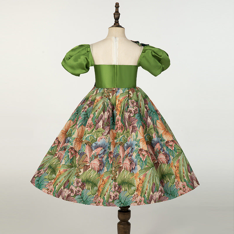 Avocado Green Princess Dress for Girls – Floral Print, Illusion Neckline & Satin