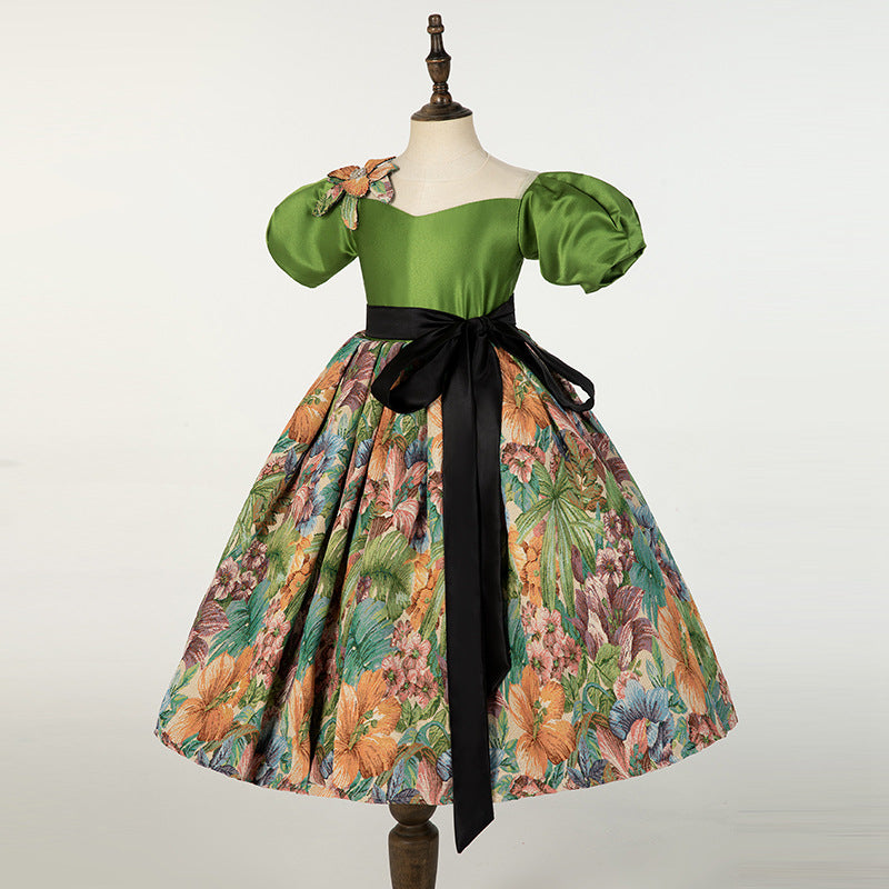 Avocado Green Princess Dress for Girls – Floral Print, Illusion Neckline & Satin