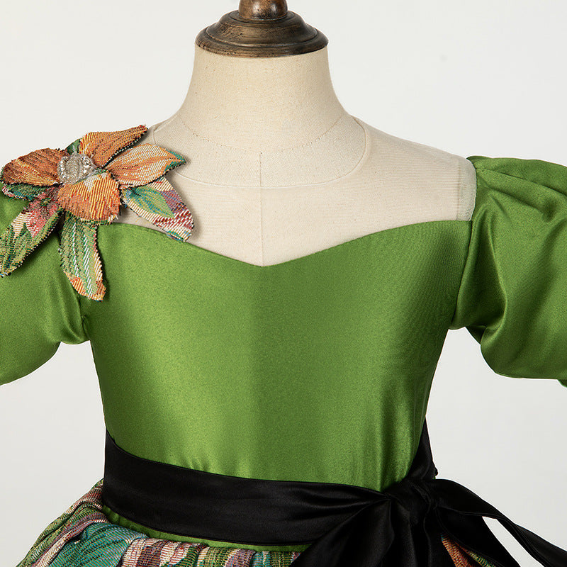 Avocado Green Princess Dress for Girls – Floral Print, Illusion Neckline & Satin