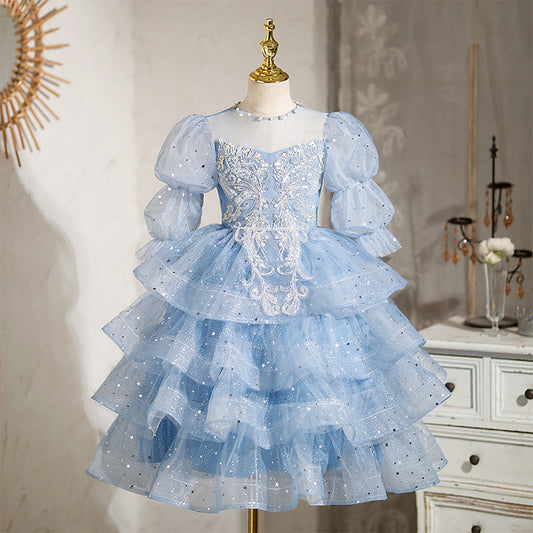 Girls' Illusion Neck Ball Gown – Long Sleeve Sequin Tiered Tulle Special Occasion Dress