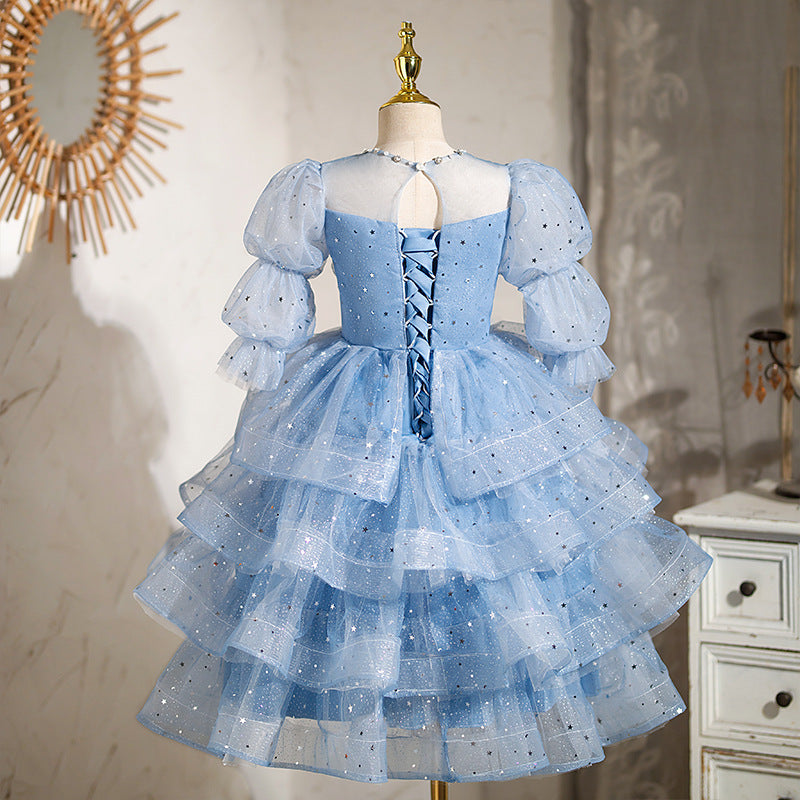 Girls' Illusion Neck Ball Gown – Long Sleeve Sequin Tiered Tulle Special Occasion Dress