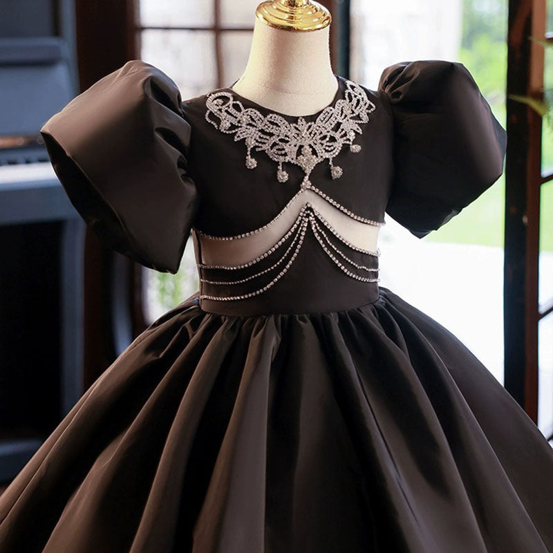 Beaded Black Princess Dress for Girls with Sweep Train | Floor-Length Mesh Party Gown